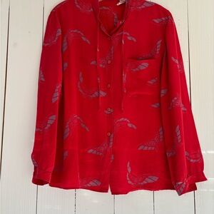 Elegant 100% Silk Red Blouse with Butterfly Pattern